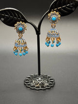 Antique Look Floral Jhumka Earrings - Gold-Tone Traditional Jhumkas in Maroon, Royal Blue, Light Blue, Pink & Green - Pair Jewelry JCS Fashions Light blue 1 inch