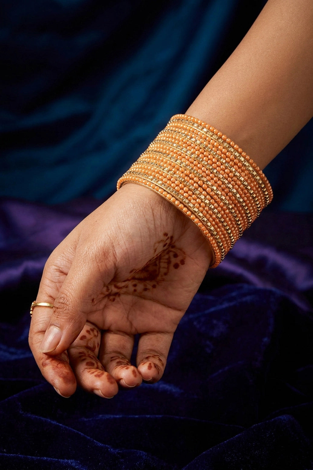 Stone Studded Metallic Bangle Set with Sparkling Rows (Purple/Light Orange/Bright Green) - Light Orange
