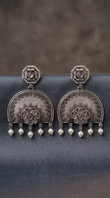 Oxidized Silver Floral Pendant Earring Set with Pearl Drops and Sunburst Motif - Light pink