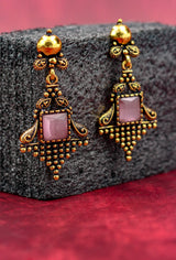 Antique Gold-Tone Dangling Earrings with Light Pink Square Stone - Ornate 2.4 inch Jewelry JCS Fashions