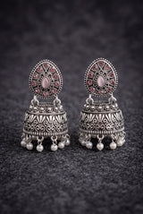 Oxidized Silver Tone Jhumka Earrings with Oval Stud Top & Filigree Teardrop Motif for Women - Light pink