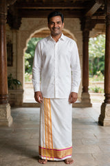 Men White Cotton Dhoti with 2-inch Gold Thread Work Border, 2 Metre Single Veshti - Magenta