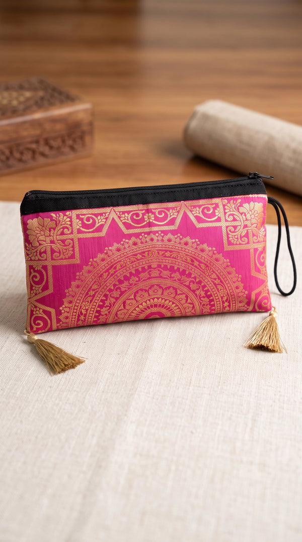 Banarasi Brocade Zip Pouch Clutch with Tassel, Embroidered Nylon Handbag for Festive & Party Wear (Coral Pink/Red/Magenta) - Magenta