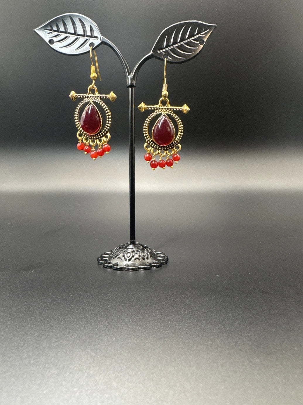 Antique gold-tone drop earrings with stone cabochon & bead dangles