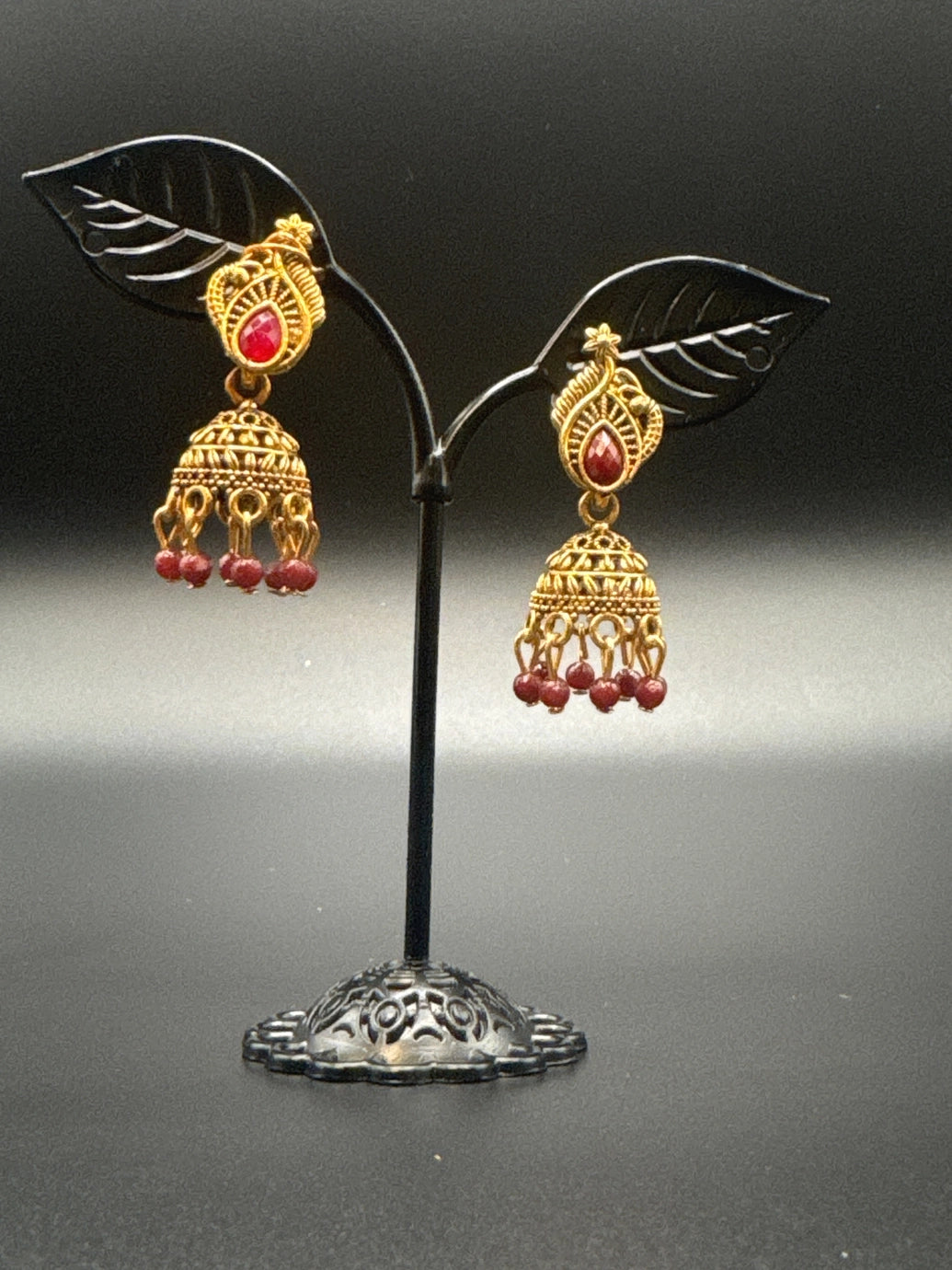 Antique Leaf-Design Jhumka Earrings for Women — Gold-Tone Traditional Jhumkas with Colour Bead Drops Jewelry JCS Fashions Maroon 1.5 inch