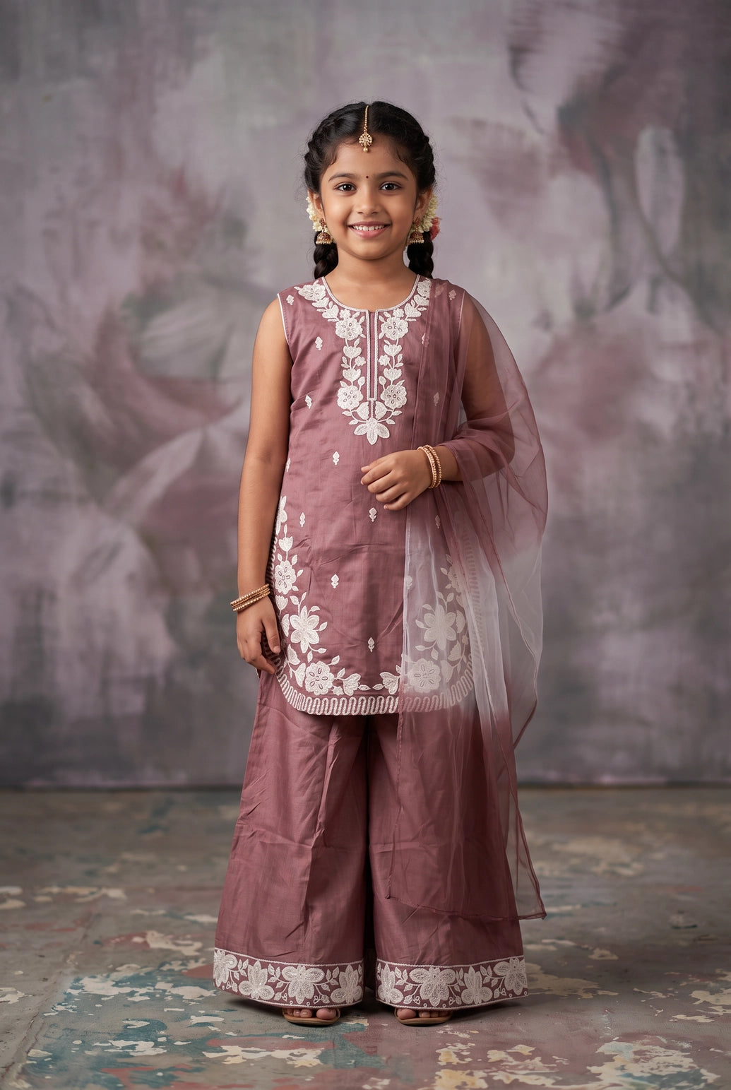 Girls Roman Silk 3-Piece Palazzo Set with Floral Embroidery, Matching Kurti, Palazzo Pants & Dupatta - Maroon