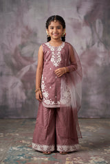 Girls Roman Silk 3-Piece Palazzo Set with Floral Embroidery, Matching Kurti, Palazzo Pants & Dupatta - Maroon