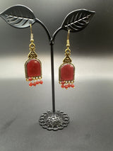 Antique Gold-Tone Arch Drop Earrings with Bead Fringe-Multiple Colours Jewelry JCS Fashions Maroon 2.2 inch