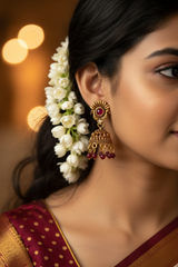 Red Antique Look Floral Jhumka Earrings - Gold-Tone