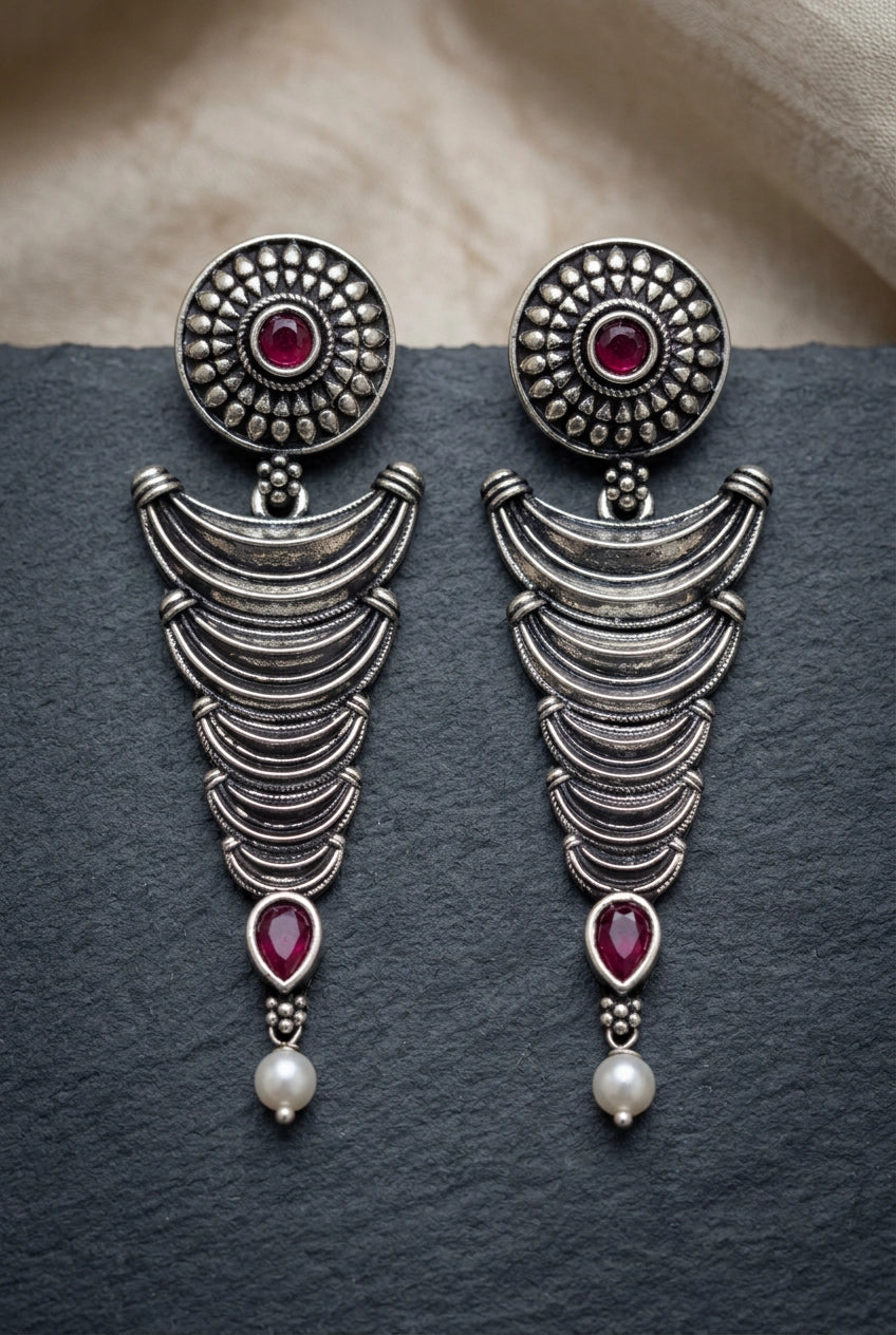 Oxidized Silver-Tone Statement Earrings with Pearl Drop and Teardrop Stones for Traditional Wear - Maroon