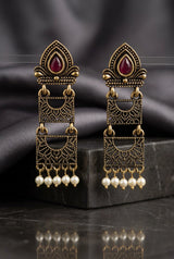 Sona Novelty Antique Gold-Tone Traditional Drop Earrings with Pearl Bead Drops, Rectangular Pattern Panels - Maroon