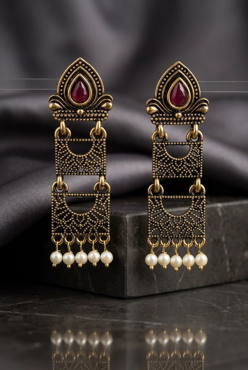 Sona Novelty Antique Gold-Tone Traditional Drop Earrings with Pearl Bead Drops, Rectangular Pattern Panels - Maroon
