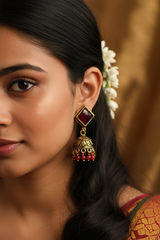 Oxidized Gold-Look Jhumka Earrings with Square Stone & Beads