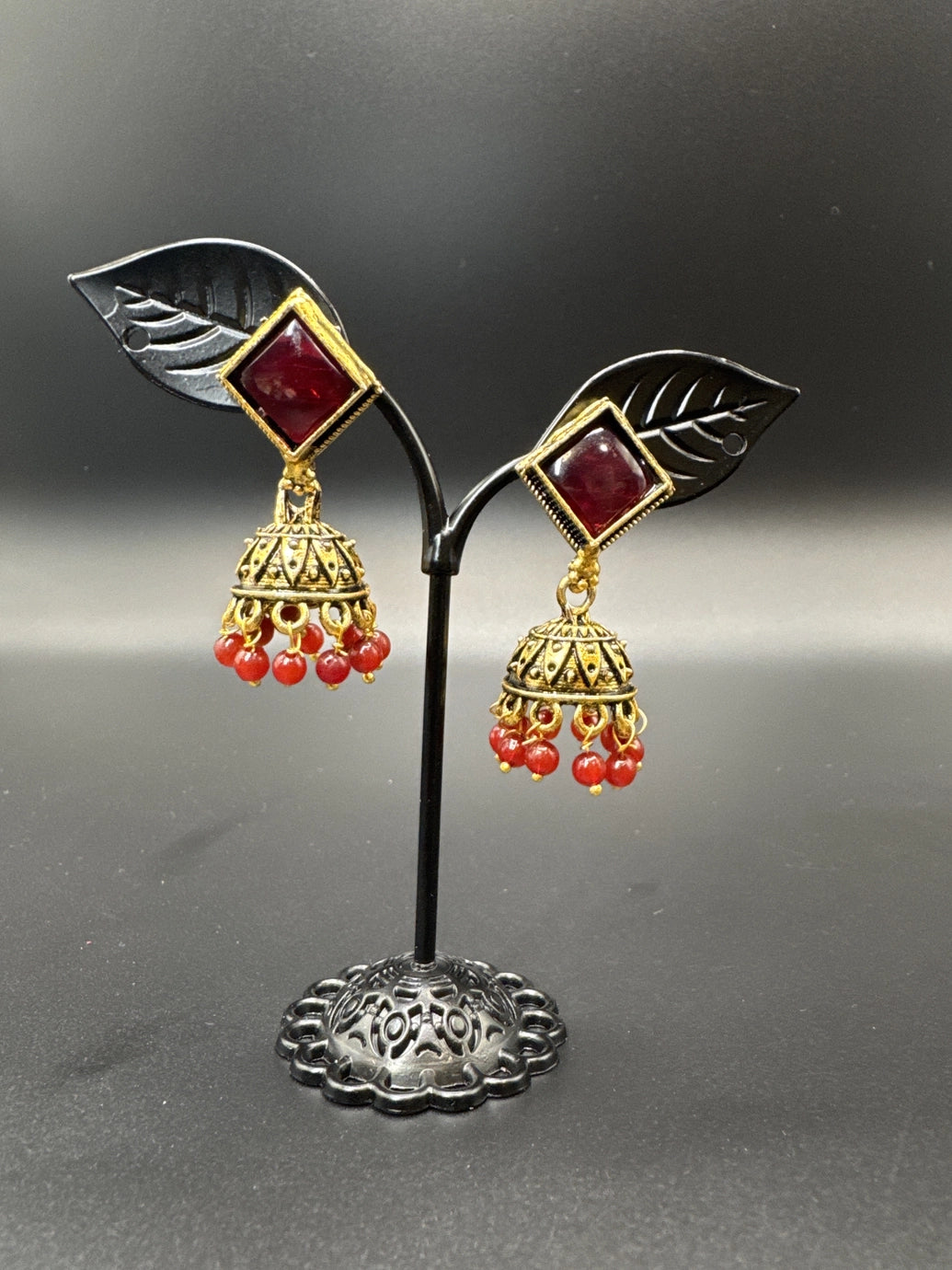 Oxidized Gold-Look Jhumka Earrings with Square Stone & Beads Jewelry JCS Fashions Maroon 1.50 inch