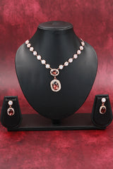 Rose Gold Oval Stone Necklace Set with Matching Drop Earrings for Women (Maroon/Black/White/Rainbow) - Maroon