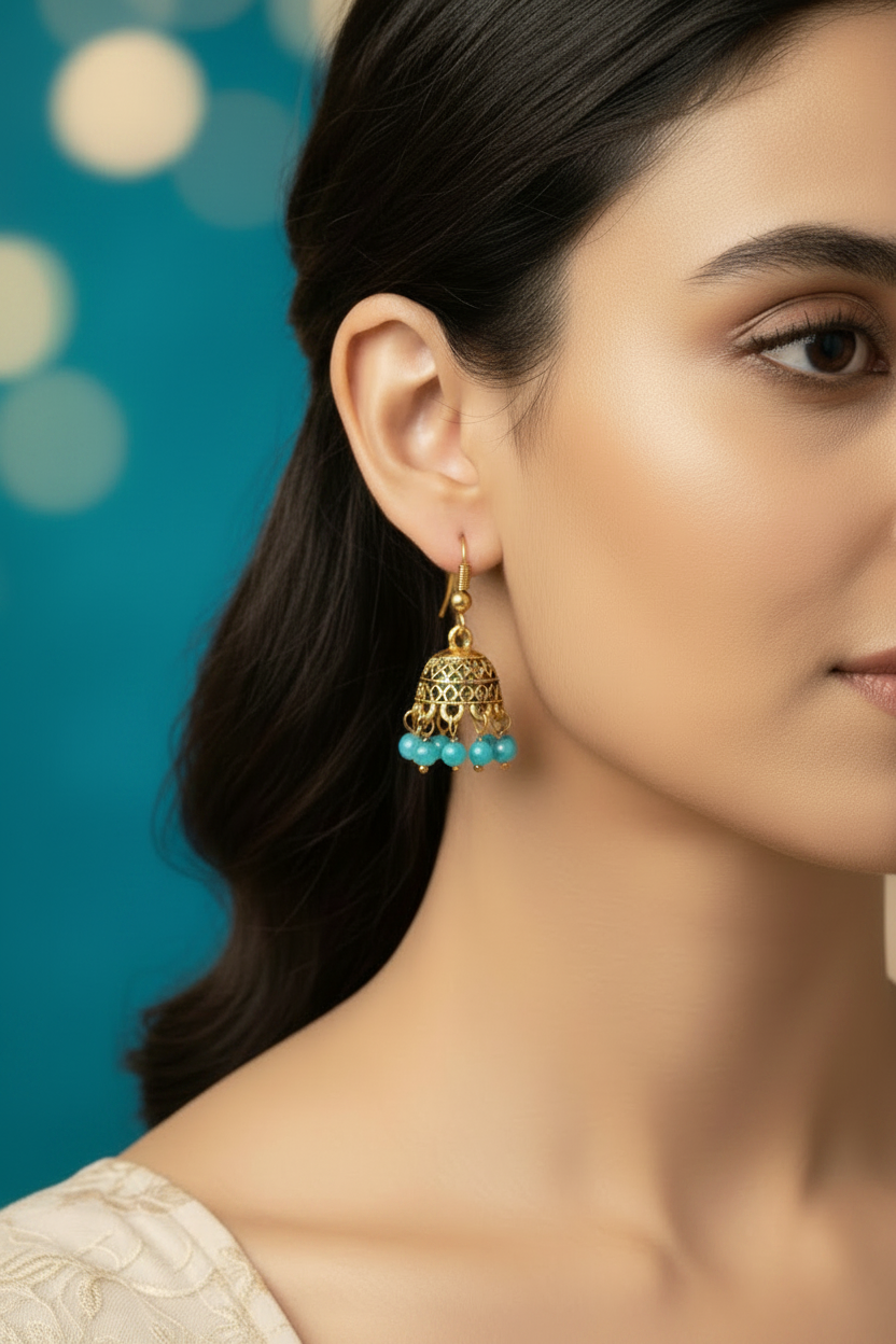 Gold-Tone Traditional Jhumka Earrings with Beaded Drops