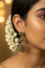 Antique Gold-Tone Floral Drop Earrings with Multi-Colored Stones