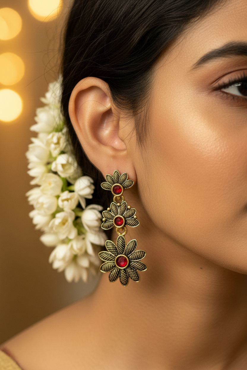 Antique Gold-Tone Floral Drop Earrings with Multi-Colored Stones