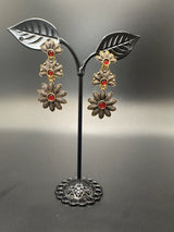 Antique Gold-Tone Floral Drop Earrings with Multi-Colored Stones Jewelry JCS Fashions Maroon 1.5 inch