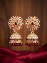 Traditional Jhumka Earrings with Floral Filigree and Beaded Drops in Red, Maroon & Yellow - Maroon
