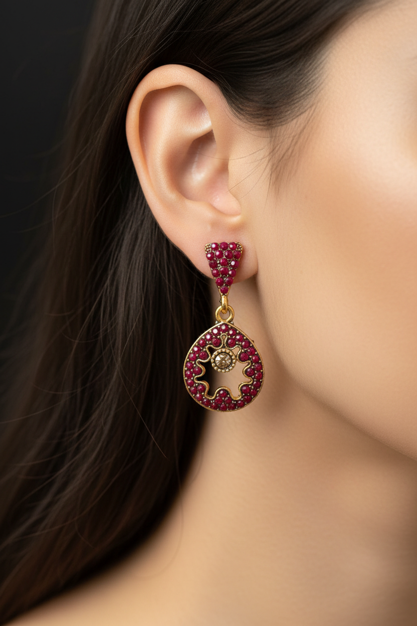Antique Gold-Tone Circular Drop Earrings with Crystal & Beads