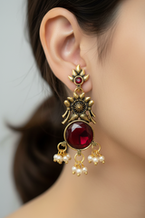 Gold-Tone Floral Chandbali Earrings with Round Stone & Pearl Drops