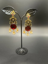 Gold-Tone Floral Chandbali Earrings with Round Stone & Pearl Drops Jewelry JCS Fashions Maroon 2 inch