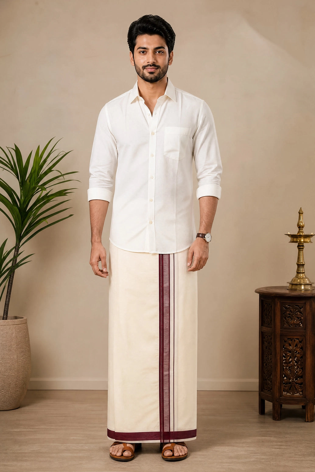 Men’s Off-White Cotton Dhoti with 1-inch Coloured Thread Border (2 Metre Single) - Traditional Wear - Maroon (Striped)