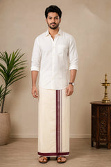 Men’s Off-White Cotton Dhoti with 1-inch Coloured Thread Border (2 Metre Single) - Traditional Wear - Maroon (Striped)