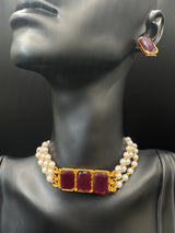 Gold-Tone Pearl Choker Necklace Set with Imitation Stones and Matching Stud Earrings Jewelry JCS Fashions Maroon 7 inch