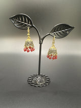 Gold-Tone Traditional Jhumka Earrings with Beaded Drops Jewelry JCS Fashions Maroon 1 inch