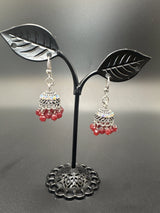 Oxidized Silver Jhumka Earrings with Beaded Drops Jewelry JCS Fashions Maroon 1.2 inch