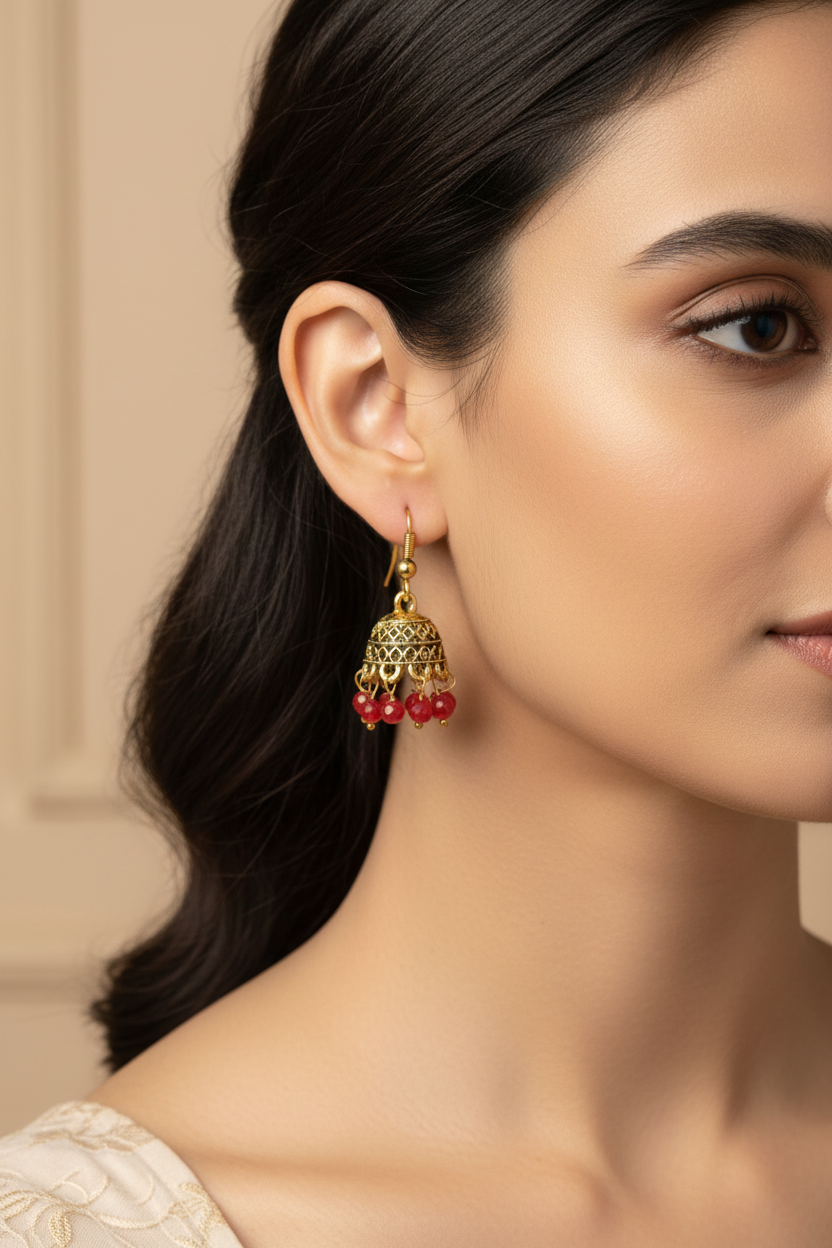 Gold-Tone Traditional Jhumka Earrings with Beaded Drops