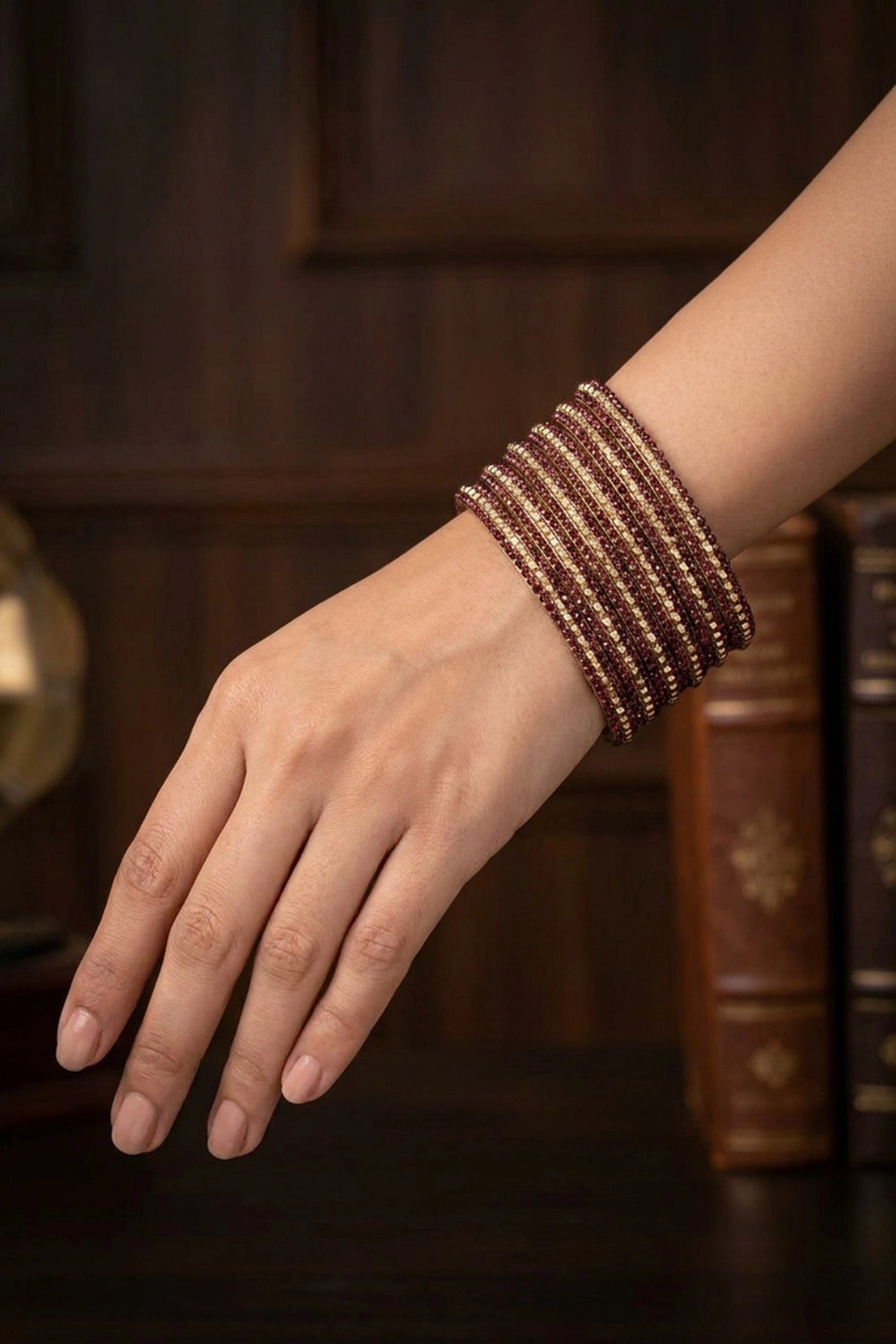 Stone Studded Metallic Bangle Set with Sparkling Rows - Teal Blue, Green & Maroon - Maroon