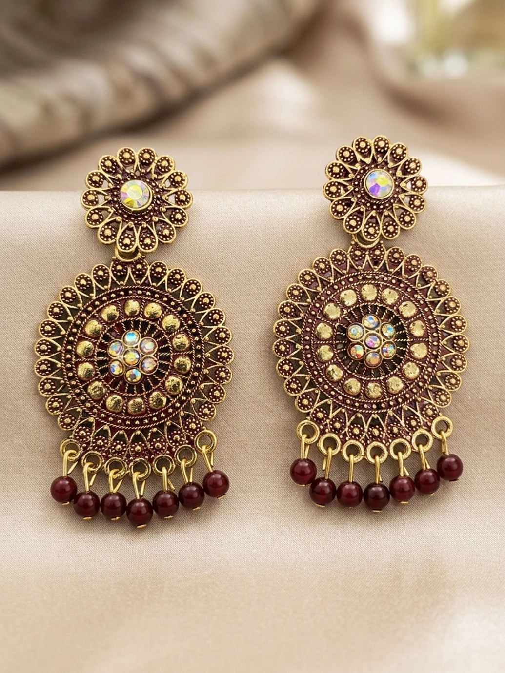 Antique Gold-Tone Ethnic Round Drop Earrings with Floral Stud & Bead Danglers (Multicolor Stone) - Maroon