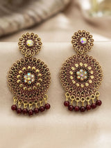 Antique Gold-Tone Ethnic Round Drop Earrings with Floral Stud & Bead Danglers (Multicolor Stone) - Maroon