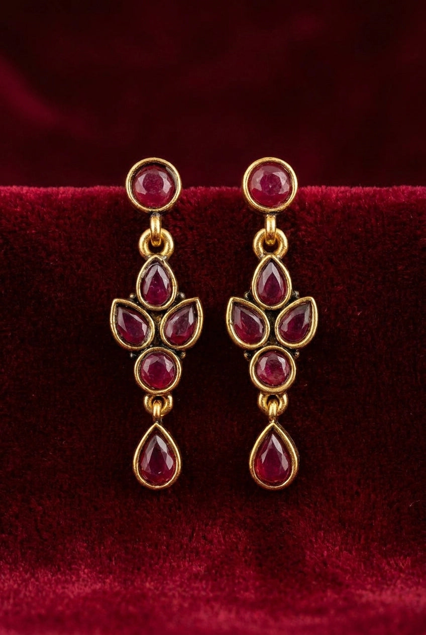 Sona Novelty Gold-Tone Drop Earrings with Multi Stone Teardrop Dangles for Traditional & Festive Wear - Maroon