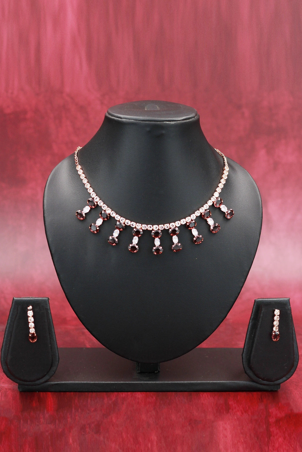Oval Stone Statement Necklace Set with Matching Earrings for Women - Fashion Jewellery - Maroon