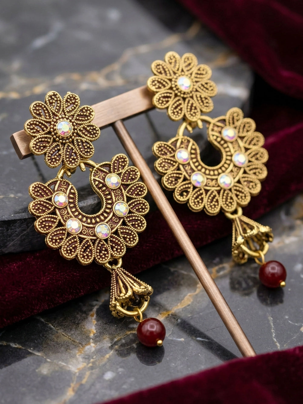 Traditional Floral Drop Earrings with Colorful Stone Stud and Bead Dangles - Maroon