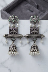 Antique Oxidized Silver Jhumka Earrings with Mint Green/Sea Blue Stones and Pearl Bead Danglers - Mint Green