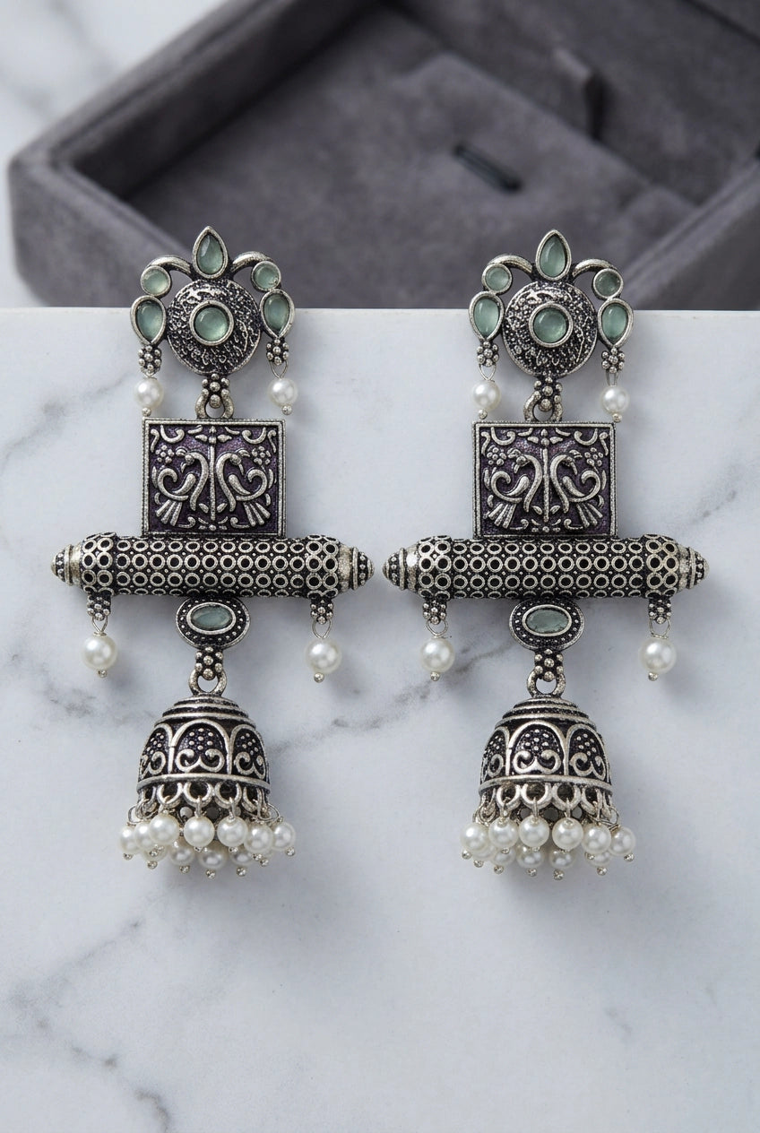 Antique Oxidized Silver Jhumka Earrings with Mint Green/Sea Blue Stones and Pearl Bead Danglers - Mint Green