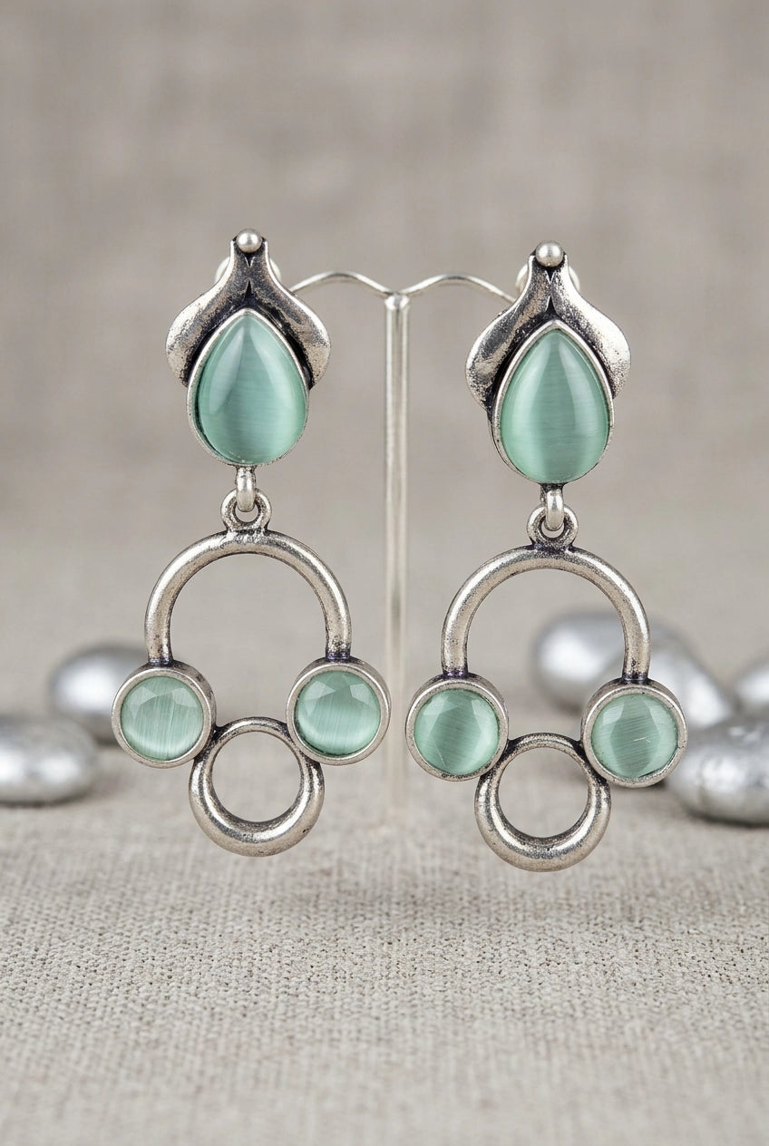 Silver-Tone Stone Drop Earrings with Circular Cluster Design for Women - Mint Green