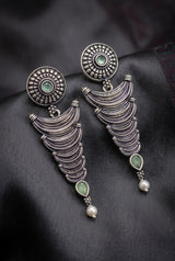 Oxidized Silver-Tone Statement Earrings with Pearl Drop and Teardrop Stones for Traditional Wear - Green, Mint Green
