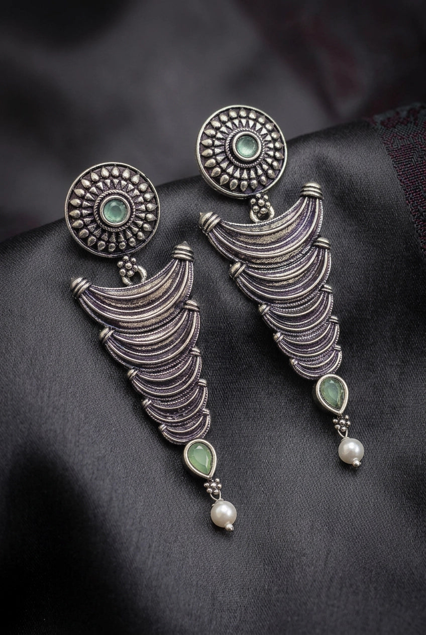 Oxidized Silver-Tone Statement Earrings with Pearl Drop and Teardrop Stones for Traditional Wear - Green, Mint Green