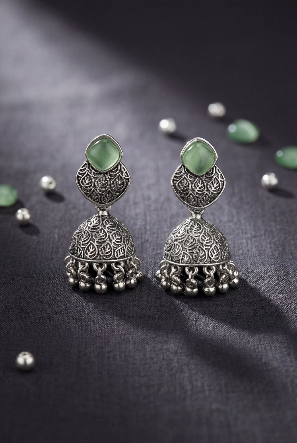 Oxidized Silver-Tone Jhumka Earrings with Square Stone, Leaf Engraved Top & Ghungroo Beads (Sea Blue/Mint/Lemon) - Mint Green