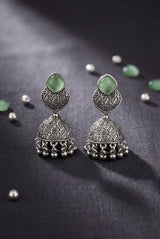 Oxidized Silver-Tone Jhumka Earrings with Square Stone, Leaf Engraved Top & Ghungroo Beads (Sea Blue/Mint/Lemon) - Mint Green