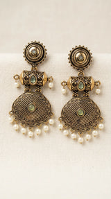 Antique Gold-Tone Circular Stud & Pearl Drop Statement Earrings for Festive Ethnic Wear - Green, Mint Green