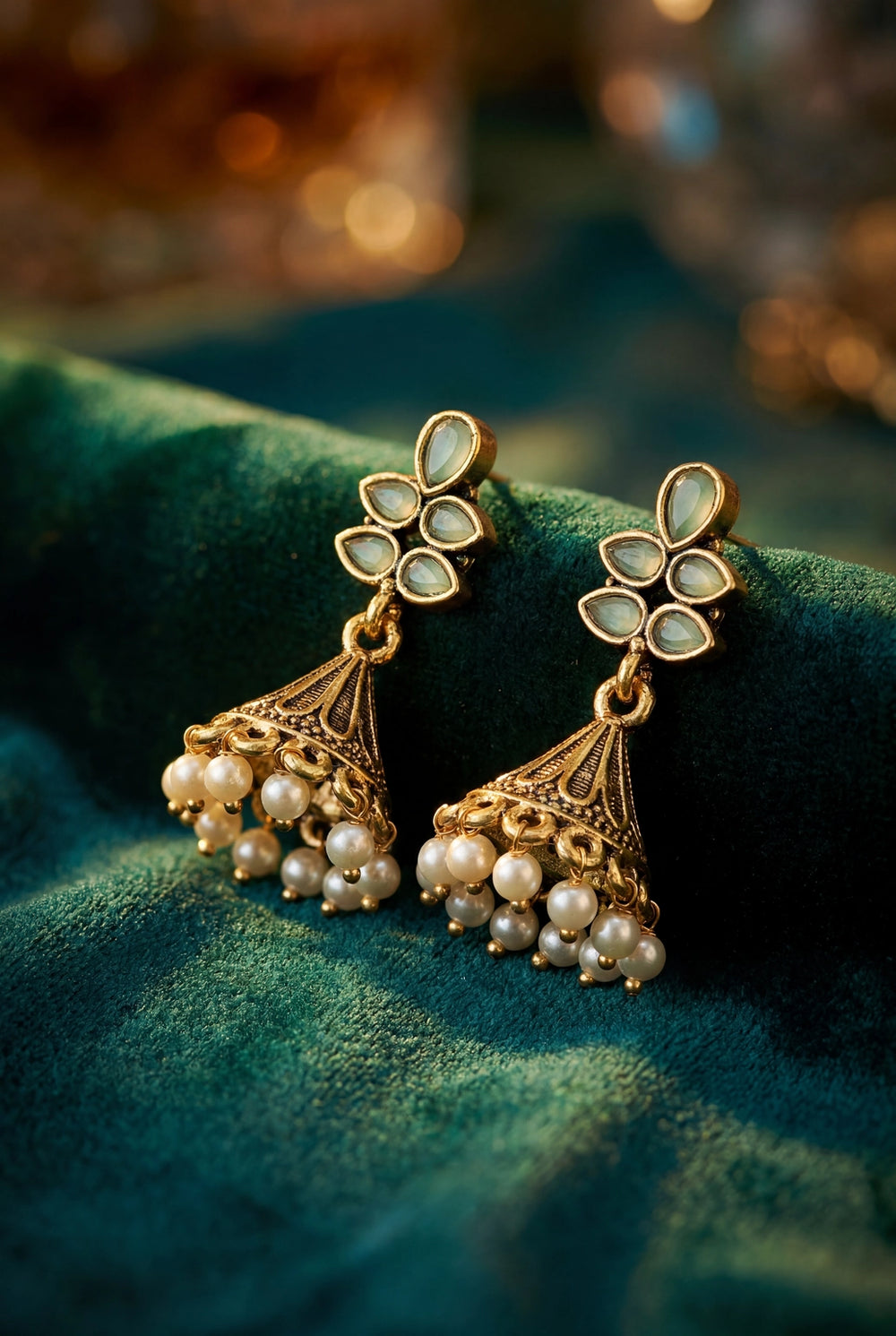 Floral Jhumka Earrings with Pearl Drops in Antique Gold-Tone Frame (Mint Green/Sea Blue/Onion Pink) - Mint Green