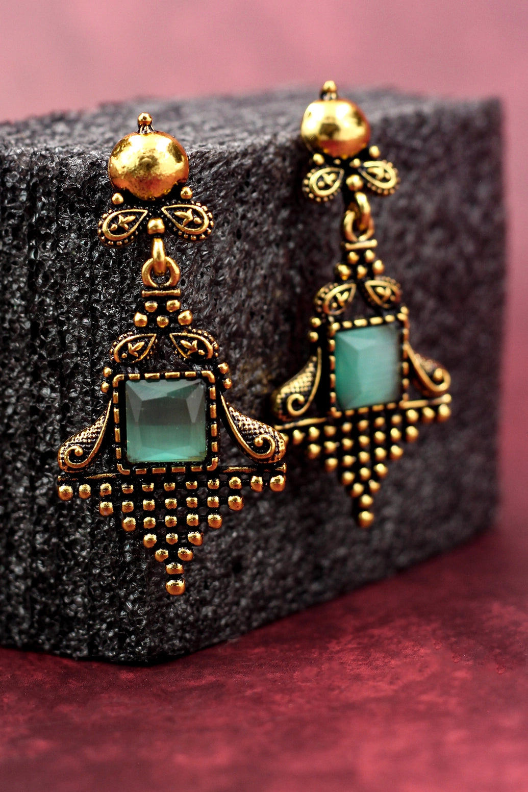Mint Green Square Stone Dangling Earrings – Antique Gold Ornate Frame, 2.4 inch Indian Fashion Jewellery Jewelry JCS Fashions