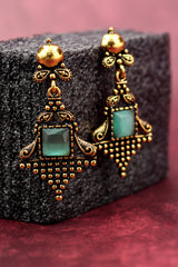 Mint Green Square Stone Dangling Earrings – Antique Gold Ornate Frame, 2.4 inch Indian Fashion Jewellery Jewelry JCS Fashions